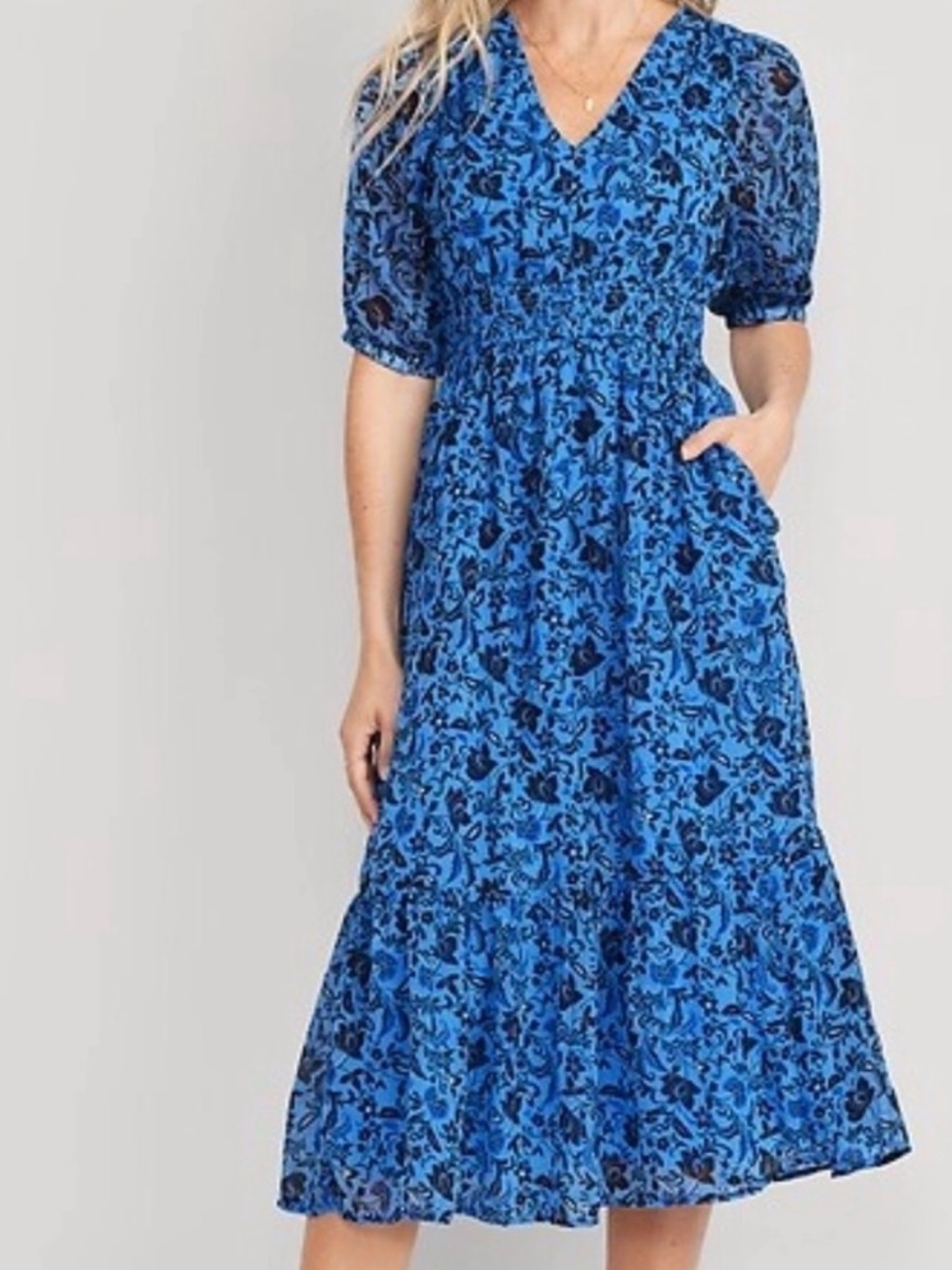 Old Navy Blue Floral V-Neck Midi Dress Sz XL